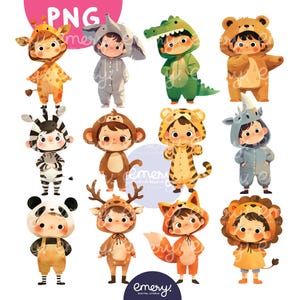 Animales de safari PNG, imágenes prediseñadas de niños con disfraces de animales, mascotas para niños, imágenes prediseñadas para decoración de guardería, arte de animales lindos, imágenes prediseñadas para la escuela