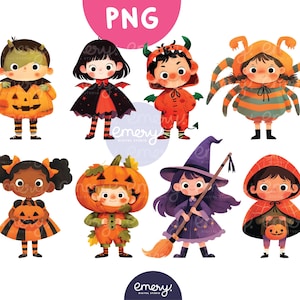 Cute Halloween Clipart, Halloween Kids Clipart, Cartoon Kids Halloween, Halloween Kids Costume Clipart, Illustration, 8 PNG Files