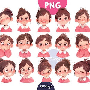 Cute Kid with Different Emotions, PNG Clip Art, Kids Emotion Clip Art, Cute Kids Clipart Watercolor, Collection of Cartoon Kids, Girl Avatar
