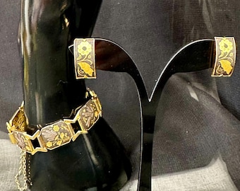 Vintage 1950s Gold Plated Spanish Toledo Damascene Jewellery • Bracelet & Clip Earrings • Floral/Bird Inlay