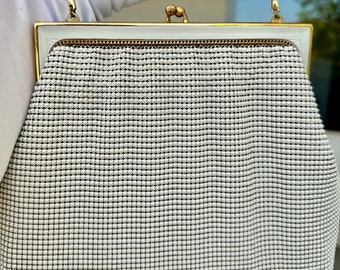 Elegant Vintage 1970's Genuine Whiting & Davis, White and Gold Mesh Evening Bag