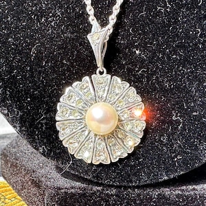 Exquisite Antique Art Deco Genuine Pearl & Sterling Silver Paste Pendant