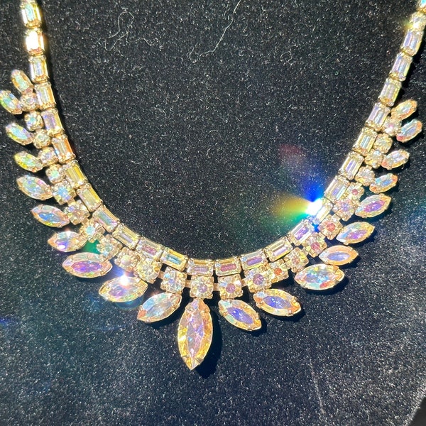 Exquisite Signed Sherman Gold Plated, Champagne Pinkish AB Crystal Necklace