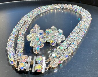 Stunning Donald Simpson Style Demi Parure, AB Crystal Two Strand Necklace & Earrings, Unsigned