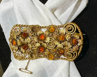 Antique Filigree & Amber Glass Brooch | Neiger Brothers Style | 1920s–30s Bohemian Statement Pin