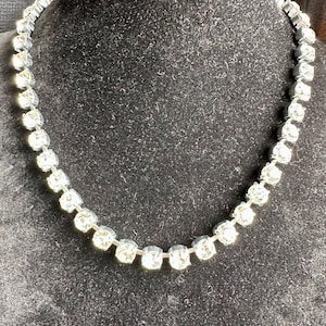 Elegant Vintage 1950&#39;s, Sparkly, Clear Brilliant Cut Crystal Glass Rhinestone Diamante, Choker Necklace, Rhodium Plated