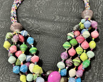 Vintage Teng Yue Statement Necklace: Multi-Colored Rolled Paper & Seed Bead