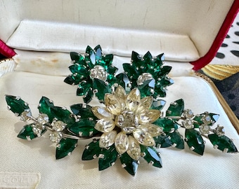 Donald Simpson, Green and Clear Coloured Demi Parure, Rhodium Plated, Brooch & Screw Back Earrings Set