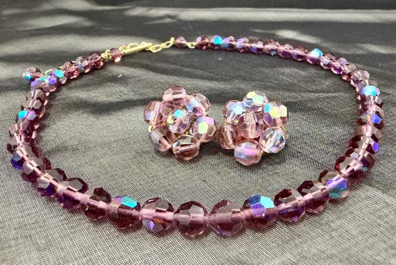 Vintage Amethyst AB Crystal Necklace Earrings Set – Mid Century Glam, Made in Italy