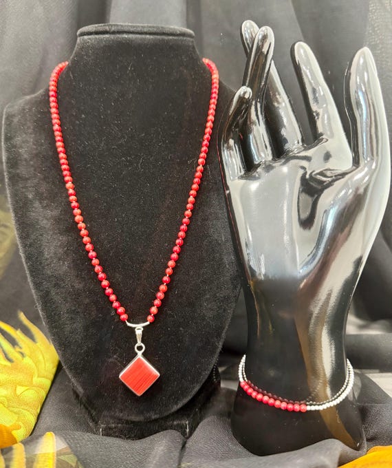 Vintage Hand Knotted Mediterranean Coral Necklace & Bracelet Set, Sterling Silver