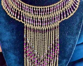 Vintage 1990s Gold Tone Bib Necklace: Ruby Amethyst Glass Beaded Dangle
