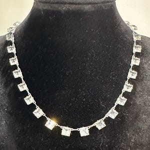 Elegant Art Deco, Vintage 1930&#39;s, Clear Square Princess Cut Paste Stones & Silver Tone Chiclet Choker Necklace
