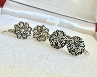 1920s Art Deco Sterling Silver Marcasite Earrings | Round & Floral Screwbacks