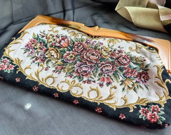 Vintage Floral Tapestry Clutch: 1960s Petit Point Evening Bag