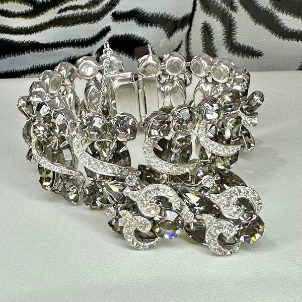 Exquisite Vintage Weiss, Rhodium Plated, Smokey Grey & Clear Demi Parure Bracelet and Earrings Set, Signed