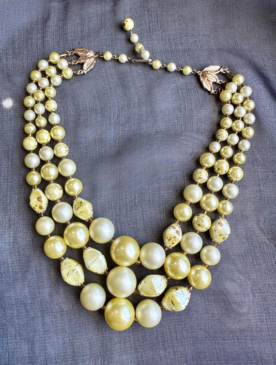 Vintage 1950s Faux Pearl Necklace: Lemon Yellow Triple Strand