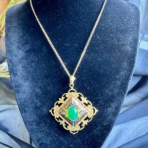 Stunning Vintage 70's Spanish Toldeo, Square Diamond Shaped, Long Ornate Damascene, Pendant Necklace, Gold Plated, with Green & Black Centre