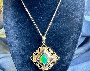 Vintage Toledo Damascene Pendant Necklace: Gold Plated Floral Filigree