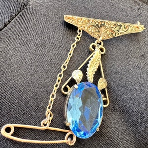 Antike Edwardian 9k Gold Brosche: Jugendstil Saphir-blauer Strass Stein