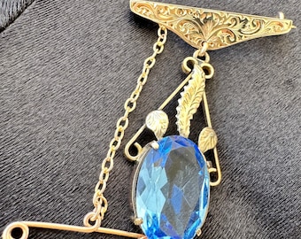 Antique Edwardian 9ct Gold Brooch: Art Nouveau Sapphire Blue Paste Stone