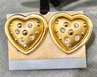 Vintage 1980s Gold Heart Clip-On Earrings with Sparkling Diamante Accents – New Old Stock