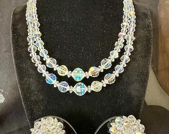 Vintage 1950s Aurora Borealis Crystal Double Strand Necklace & Earrings Jewellery Set – 1950s Mid-Century Sparkle