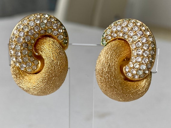 Glamorous Vintage Gold Plated, Christian Dior Pave Crystal, Textured Swirl  Clip on Earrings 