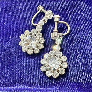 Exquisite Antique 1900&#39;s Edwardian, Clear Paste, Round Dangle Drop Earrings, Silver Plated