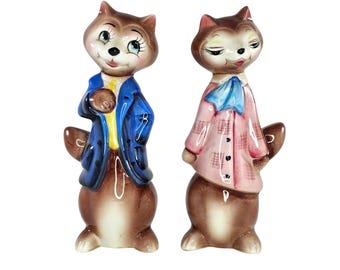 Vintage 1950s PY Japan Anthropomorphic Fox Couple Salt & Pepper Shakers