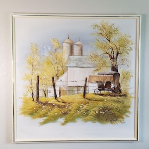 Farm Vintage Car Carriage Landscape Oil Painting Canvas Framed Signed K Brod