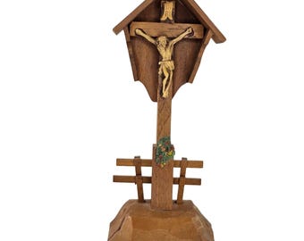 ANRI Italy Alpine Wayside Cross Shrine Wood-Carved Jesus Crucifix Vintage Decor