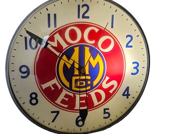 Vintage Moco Feeds Clock Bubble Glass Morrow Milling Co Advertising RARE HTF