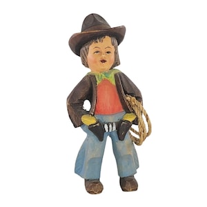 Vintage Anri Hand Carved Wooden Cowboy Figurine With Rope