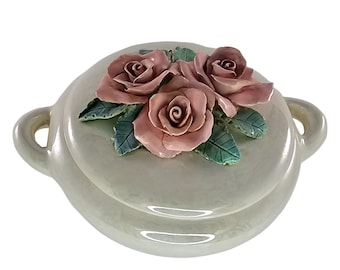 Vintage Porcelain Vanity Dresser Trinket Box Pink Roses Lusterware Footed Lidded