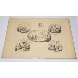 May include: A black and white satirical print titled The March of Intellect featuring five distinct vignettes. Scenes include steam-powered carriages, a flying machine, a steam-powered printing press, a steam-powered guillotine, and steam-powered cooking.