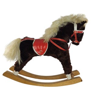 Vintage Antique Rocking Horse Brown Plush & Wood Equestrian Toy