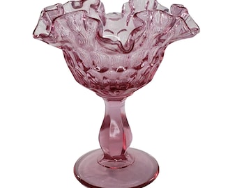 Fenton Pink Glass Compote Candy Dish Thumbprint Crimped Colonial Footed