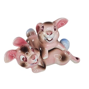 Vintage Pink Bunny Rabbit Salt Pepper Shaker Set Figurines Ceramic Japan *Repair