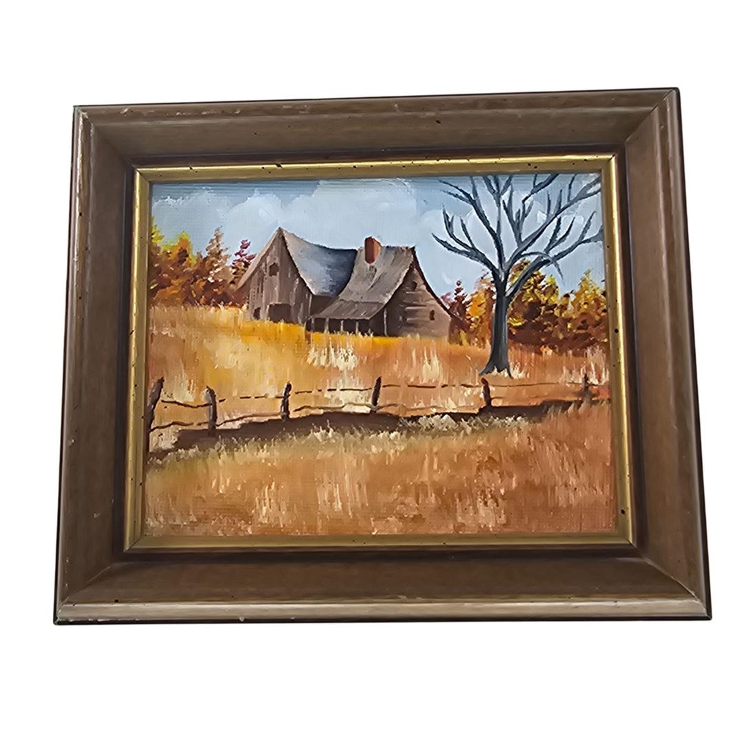 Rustic Farmhouse Landscape Oil Painting in Wooden Frame Autumn Scene ...