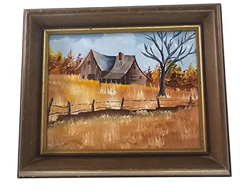 Rustic Farmhouse Landscape Oil Painting In Wooden Frame Autumn Scene Barn Tree