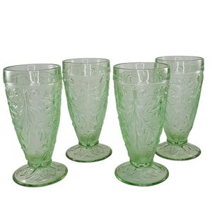 Tiara Indiana Glass 4 Chantilly Green Sandwich 10 oz Footed Iced Tea Tumblers