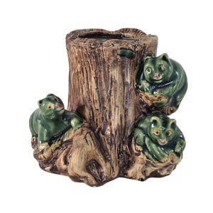 Vintage Majolica-stil Björnträdstam Plantervas Grön Brun Glasyr
