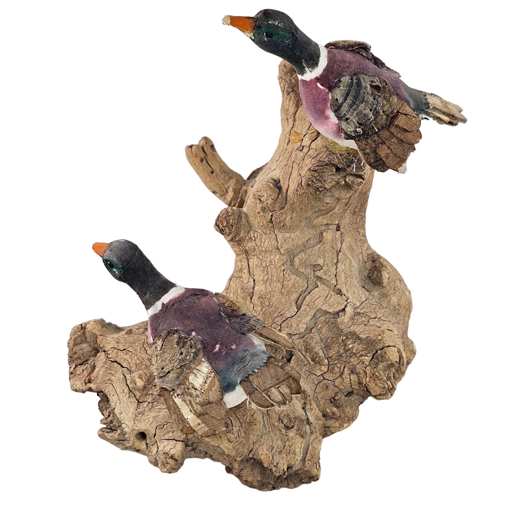 Vintage Mallard Duck On Drift Wood Figurine Decor Bird Folk Art