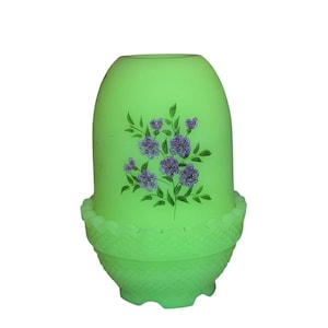 Vintage Fenton Custard Glass Fairy Lamp Hand Painted Floral Design GLOWS!