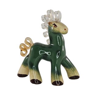 Vintage 1940s Elzac Ceramic Green Horse Pony Figurine With Lucite Curly Mane