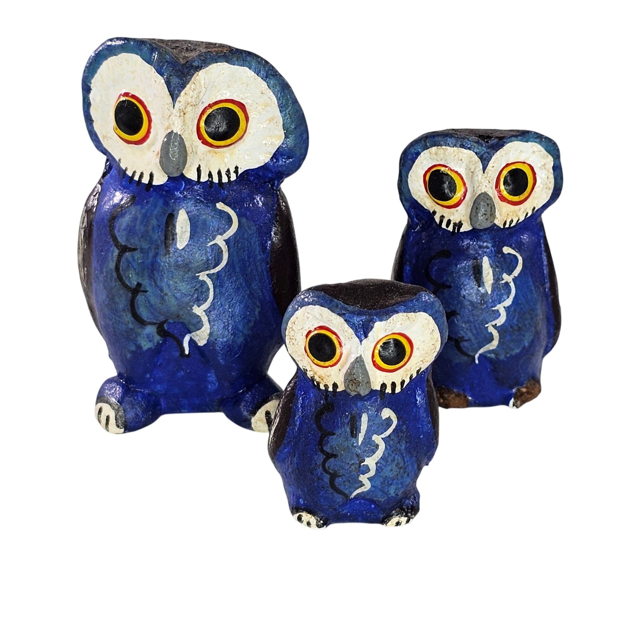 Hand Painted Blue Owl Figurine Set Of 3 Miniature Family Birds Folk Art