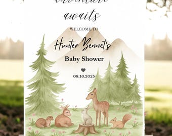 May include: A watercolor illustration of a woodland scene with a deer, a rabbit, and two squirrels. The text "adventure awaits" is at the top of the image, and the text "Welcome to Hunter Bennett's Baby Shower 08.10.2025" is below the illustration.