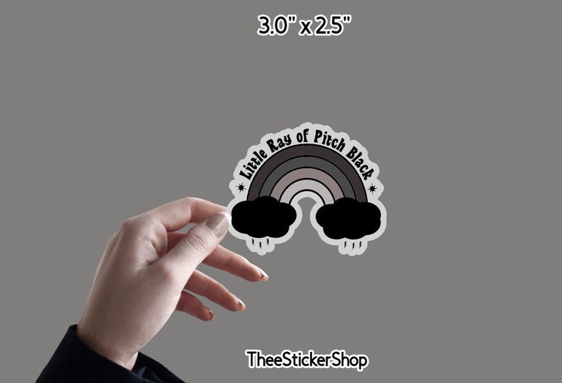 May include: A 3.0" x 2.5" sticker featuring a black and grey rainbow with the text "Little Ray of Pitch Black" in black lettering.