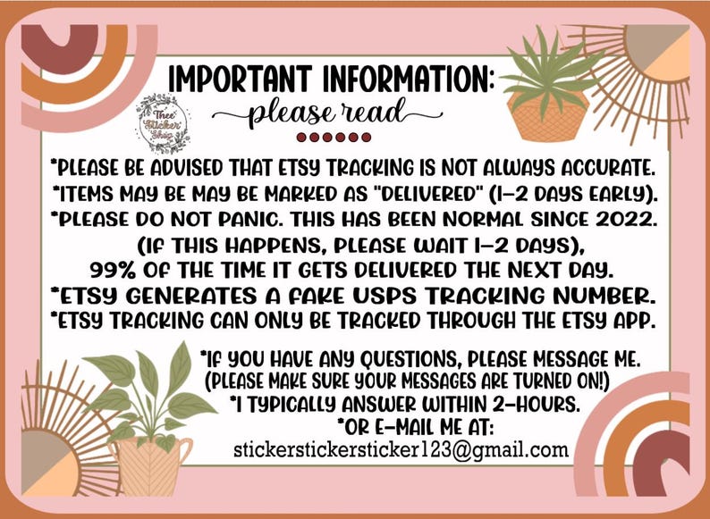 Pode incluir: Cart&atilde;o ilustrado rosa e castanho com o texto "INFORMA&Ccedil;&Atilde;O IMPORTANTE: por favor, leia" e uma lista de informa&ccedil;&otilde;es sobre o rastreamento do Etsy e o atendimento ao cliente. O texto inclui o endere&ccedil;o de e-mail "stickerstickersticker123@gmail.com".