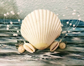 Seashell Hairclip -Earthtones Scallop, beads wtih off -spray of tiny beads for Beach Theme Wedding Occasions